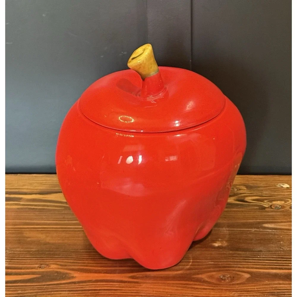 Vintage Mid Century Ceramic Large Red Apple Cookie Jar - Cottagecore Granny 11